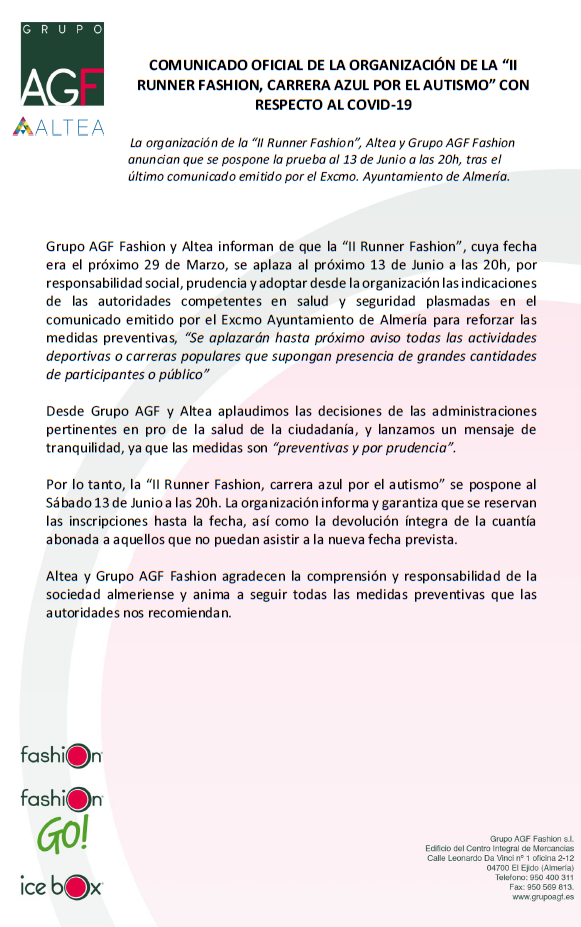 Comunicado - NOTICIA INFORMATIVA DE LA GALA BENÉFICA DE ALTEA Y LA “II RUNNER FASHION, CARRERA AZUL POR EL AUTISMO” CON RESPECTO AL COVID-19