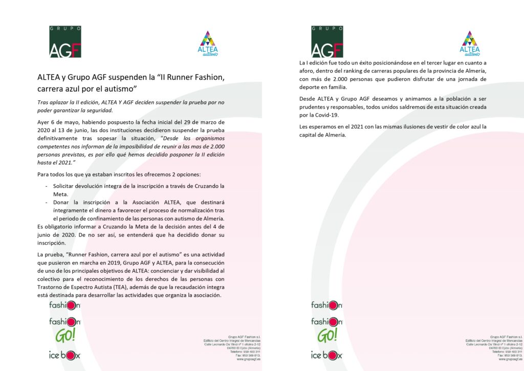 merge from ofoct - ALTEA y Grupo AGF suspenden la “II Runner Fashion, carrera azul por el autismo”